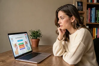 Femme pensive répondant à un quiz sur les archanges et la personnalité devant un ordinateur portable