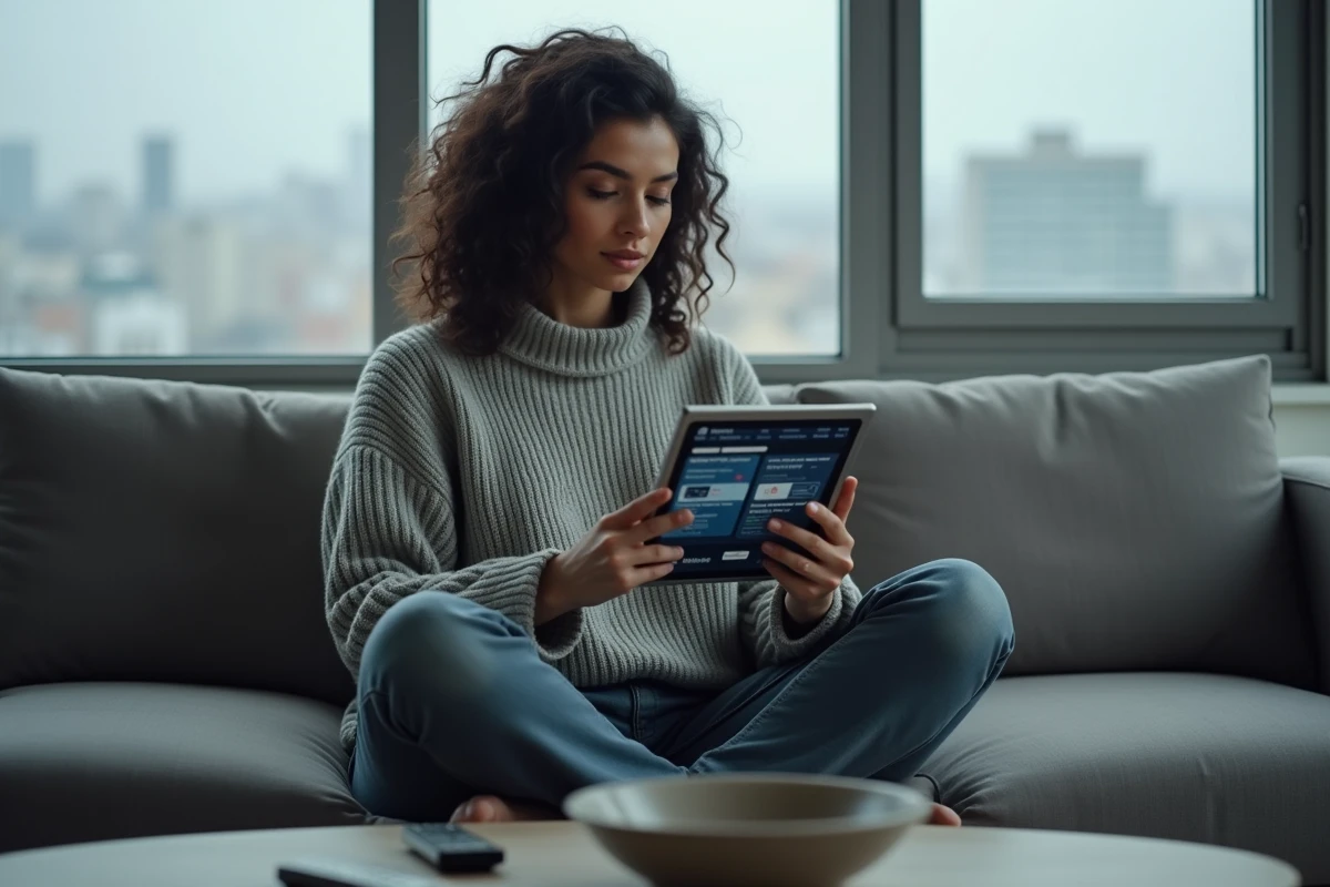 Femme sur canapé comparant des sites alternatifs fiables à Faljam sur tablette