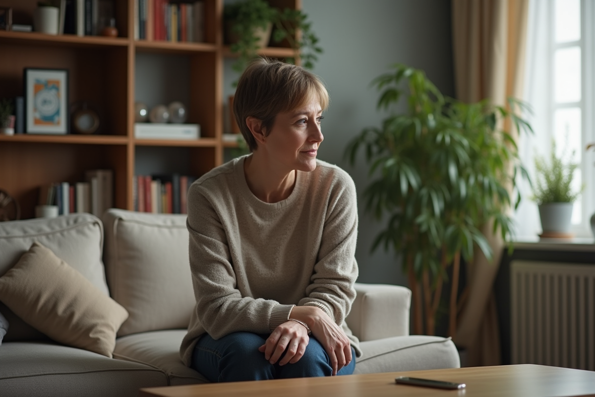 Femme d'âge moyen assise seule dans un salon calme