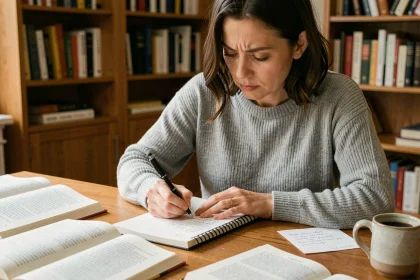 Femme concentrée révisant l'orthographe d'un mot dans un carnet, entourée de livres de grammaire française sur un bureau en bois