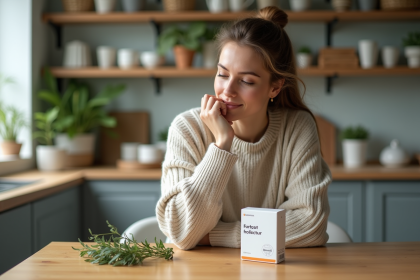 Femme assise à la cuisine avec une branche de saule