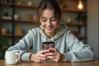 Jeune femme consultant un site de dés gratuits pour Monopoly GO sur smartphone à la maison