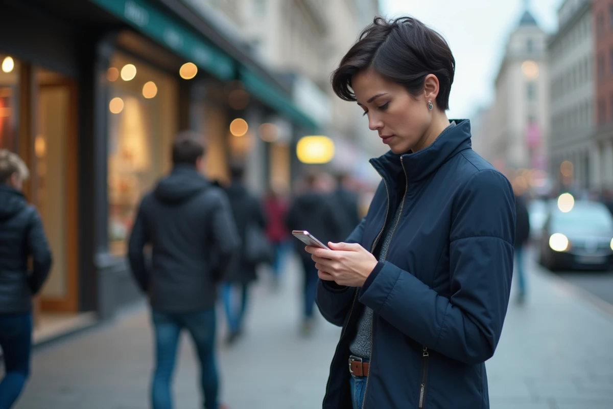 Femme consultant son téléphone dans la rue pour envoyer un message anonyme en toute discrétion