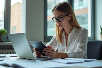 Jeune femme professionnelle compare traduction sur laptop et tablette