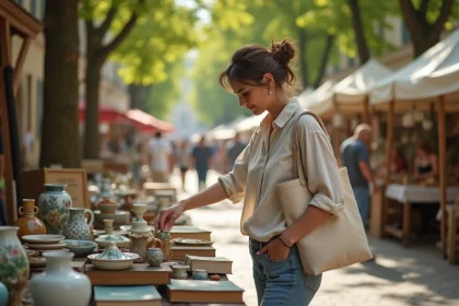 Femme parcourant les étals d'un vide grenier en village français un dimanche matin, avec céramiques vintage et livres anciens