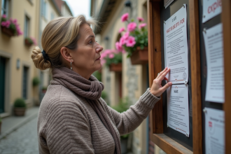 Femme d'âge moyen lisant notices sur panneau d'affichage