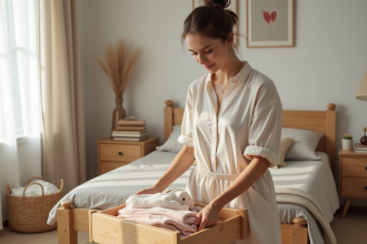 Femme plie du linge pastel dans une chambre lumineuse