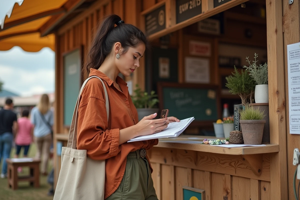 Jeune festivalière consultant le programme du festival Pharenheit à un stand d'information en bois