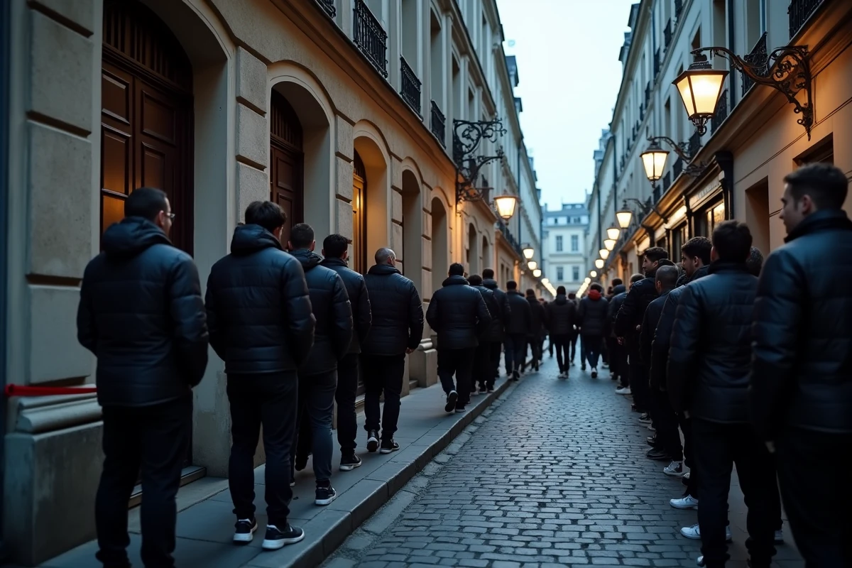 File d'attente devant un club techno parisien à l'aube, avant l'ouverture après 5h du matin