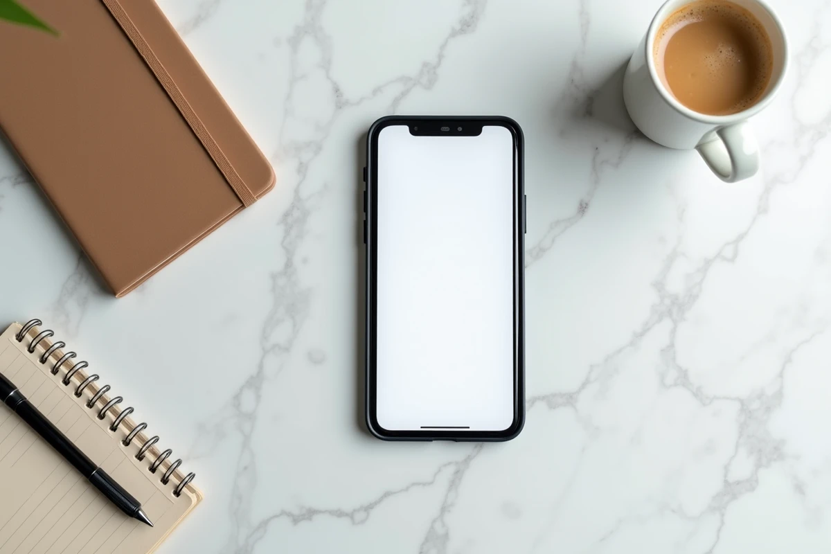 Vue de dessus d'un smartphone affichant une interface de messagerie anonyme sur un bureau en marbre