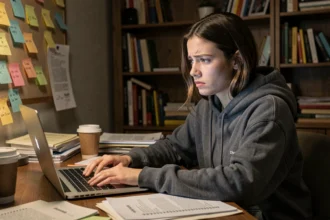 Jeune femme inquiète face à son ordinateur portable dans un bureau à domicile encombré, illustrant la découverte d'une fuite de données personnelles sur une plateforme en ligne