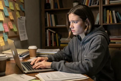 Jeune femme inquiète face à son ordinateur portable dans un bureau à domicile encombré, illustrant la découverte d'une fuite de données personnelles sur une plateforme en ligne