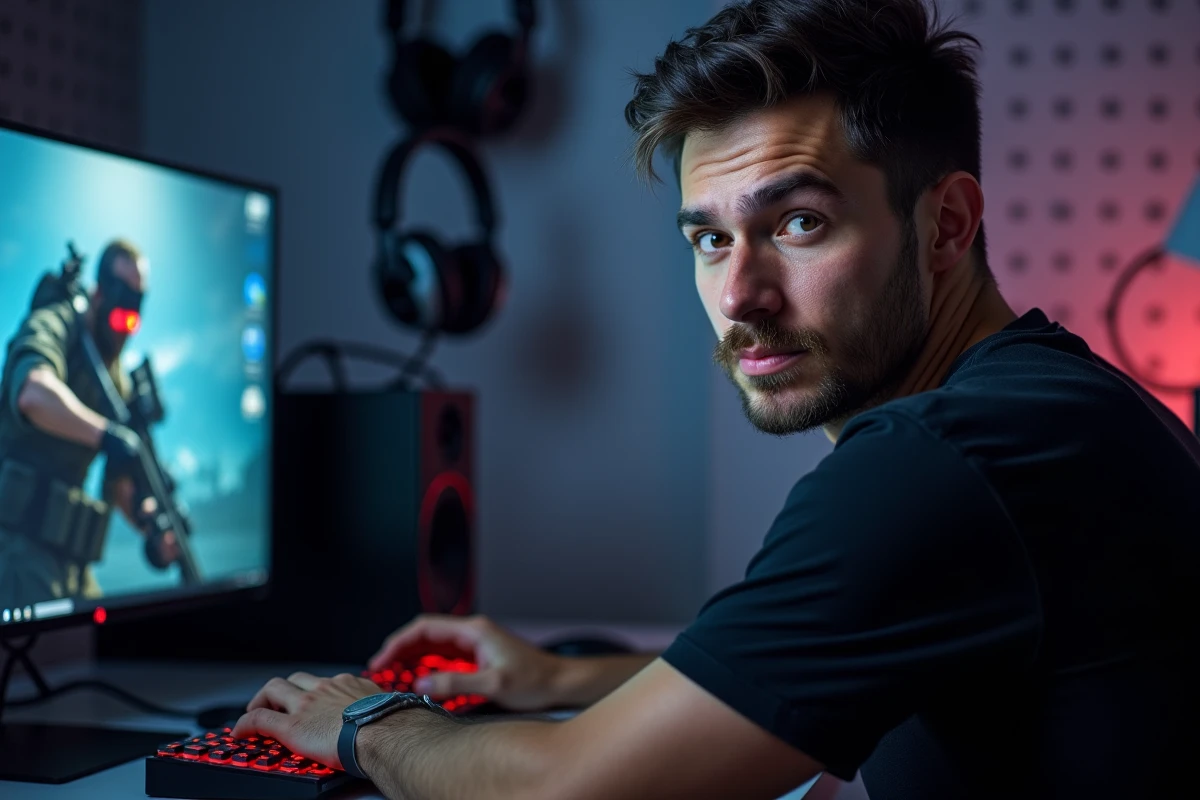 Homme adulte concentré devant un écran de jeu tactique de désamorçage de bombe dans une salle de gaming