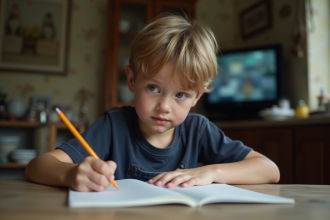 Jeune garçon de 8 ans faisant ses devoirs à la maison