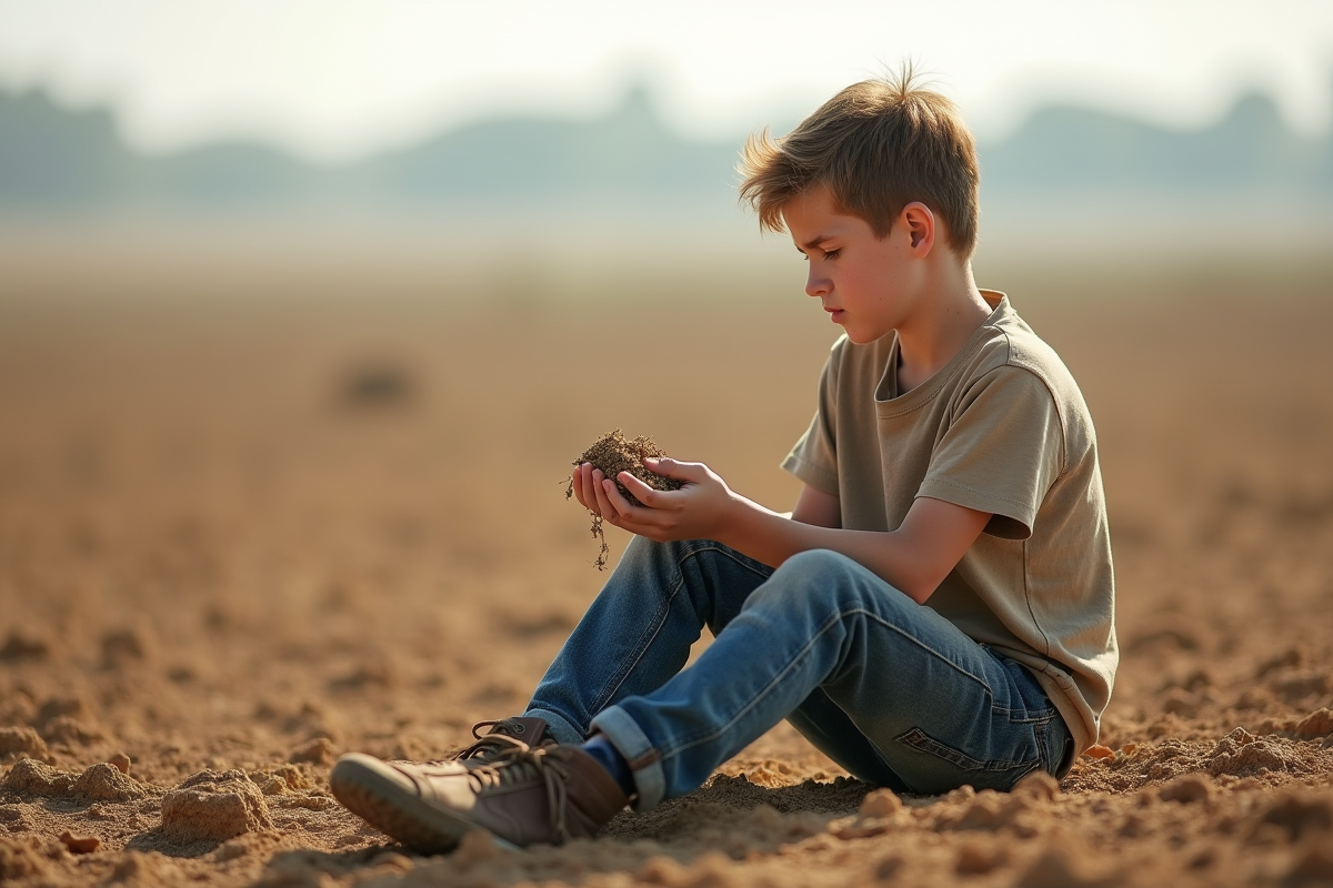Garçon examinant la terre sèche dans un champ aride