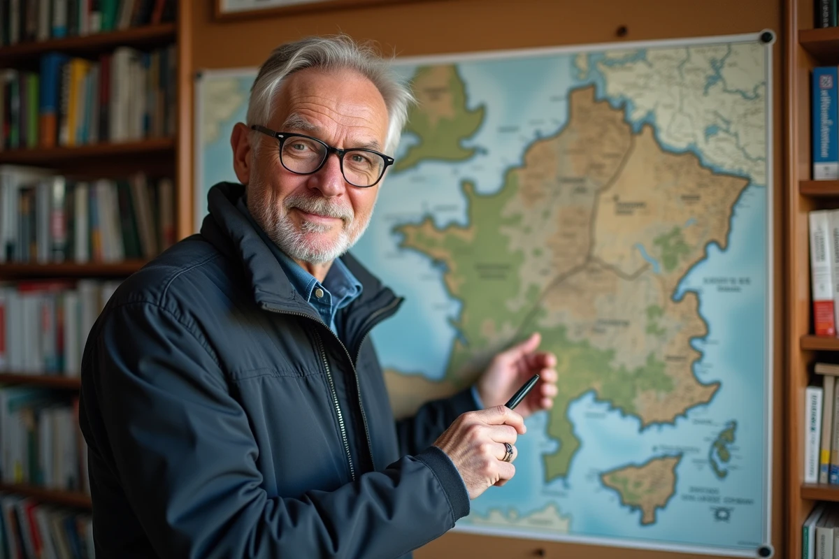 Géographe analysant une carte topographique de la Normandie dans un bureau académique pour étudier la superficie et la population régionale