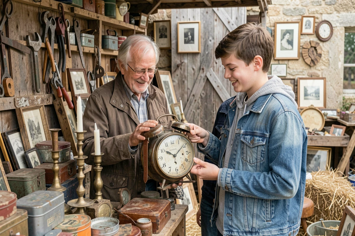 Grand-père et petit-fils examinant une vieille horloge mécanique dans une brocante à la campagne