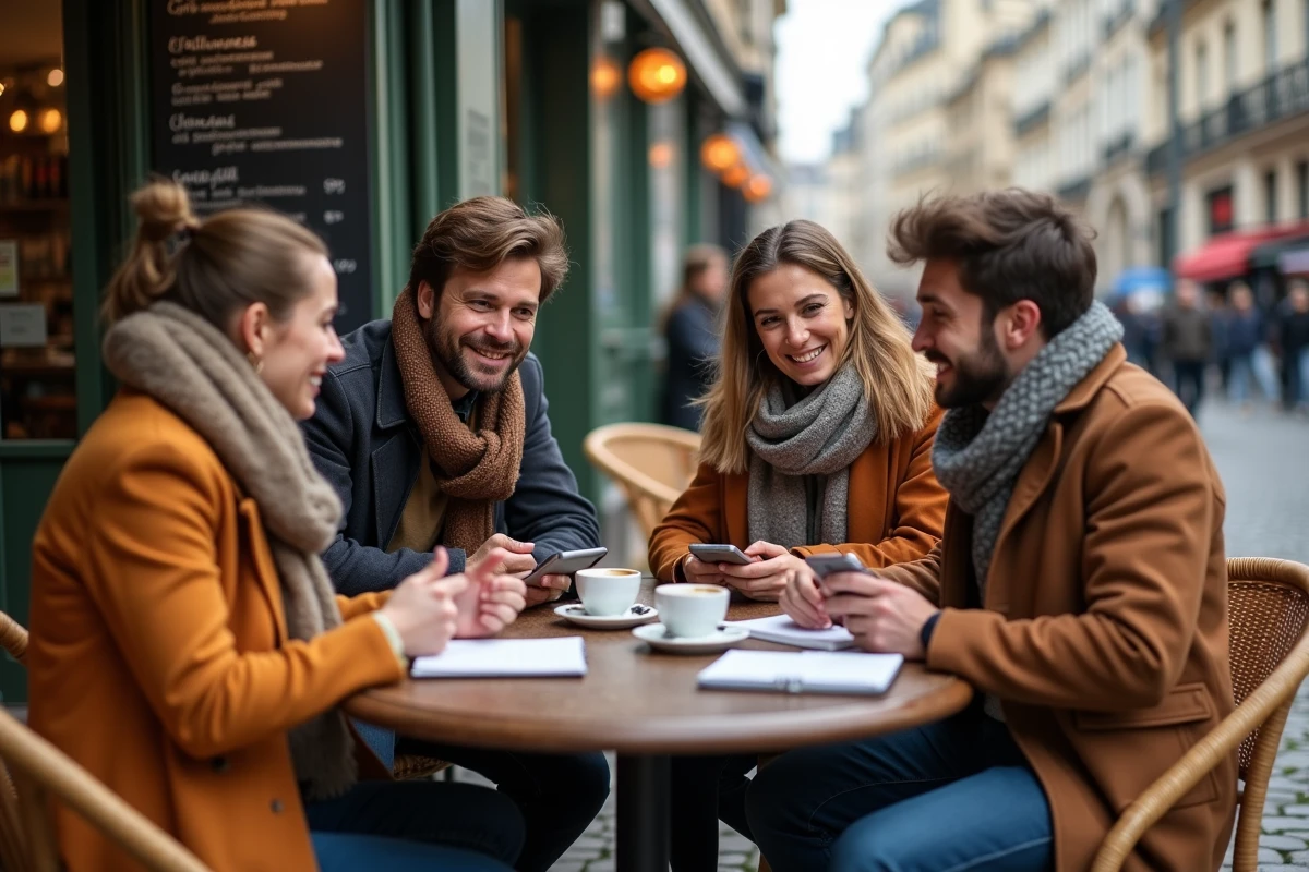 Groupe de jeunes adultes en discussion intellectuelle animée autour d'un café en terrasse parisienne avec carnets et smartphones