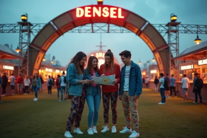 Groupe de jeunes festivaliers découvrant l'entrée du festival Pharenheit avec carte en main et tenues colorées
