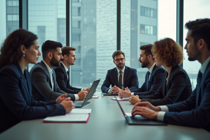 Groupe de collègues en réunion dans un bureau moderne