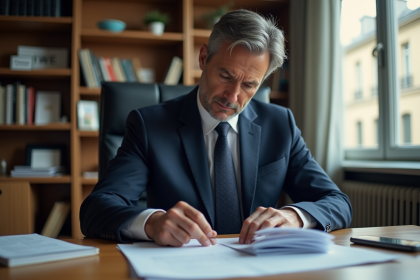 Homme d'affaires français en costume bleu examinant des documents financiers