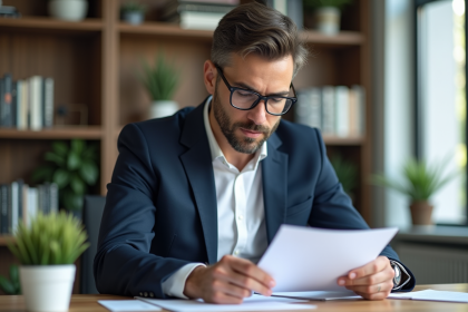 Homme d'affaires en costume bleu examine des documents fiscaux