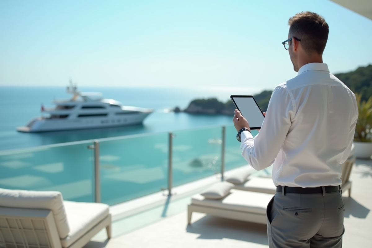Homme sur balcon avec vue sur la mer et yachts