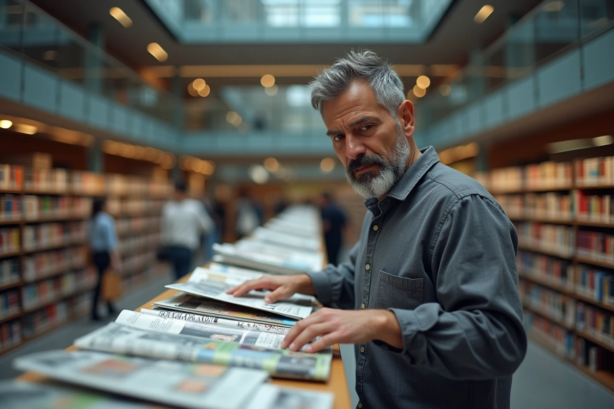 Homme parcourant des magazines culturels dans une grande bibliothèque moderne aux rayonnages imposants