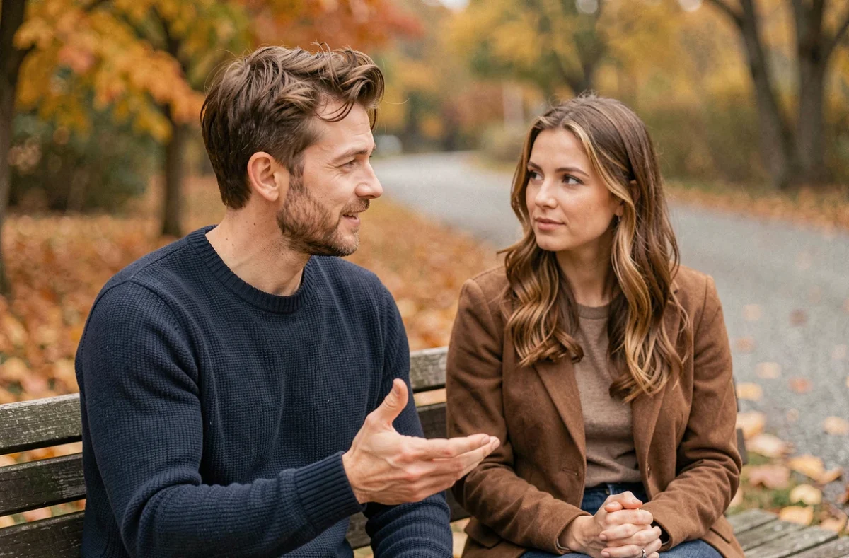 Homme qui se confie à une femme dans un parc en automne, gestes expressifs et regard sincère symbolisant l'attachement amoureux