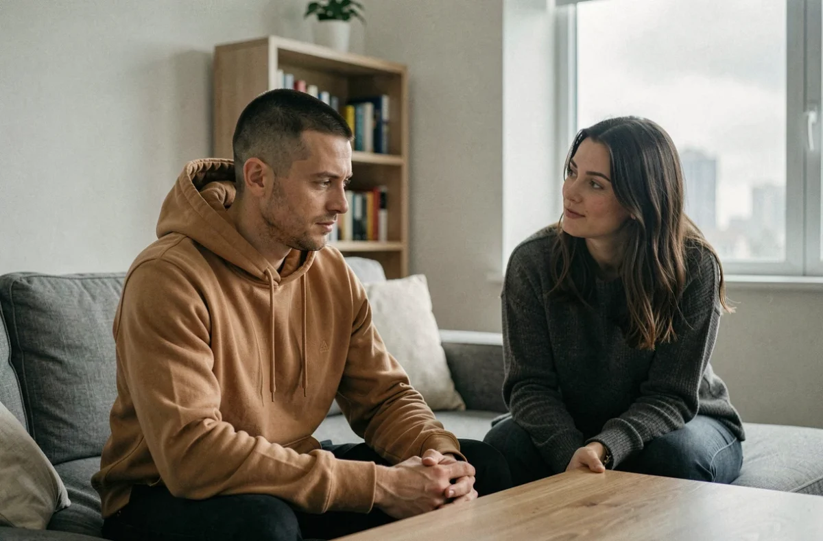 Un homme partageant ses émotions avec une femme dans un salon moderne, moment de confidence intime révélateur de sentiments amoureux