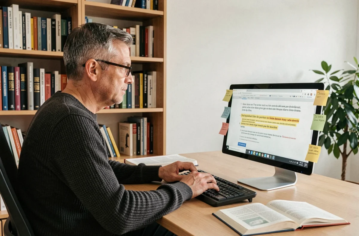 Homme consultant un livre de grammaire française devant son ordinateur dans un bureau à domicile moderne
