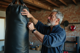 Homme en sport installe un sac de frappe dans un gymnase inacheve