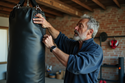 Homme en sport installe un sac de frappe dans un gymnase inacheve