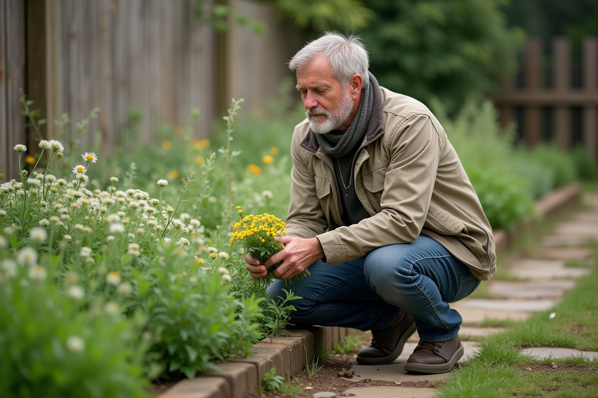 Homme dans le jardin avec des fleurs de feverfew