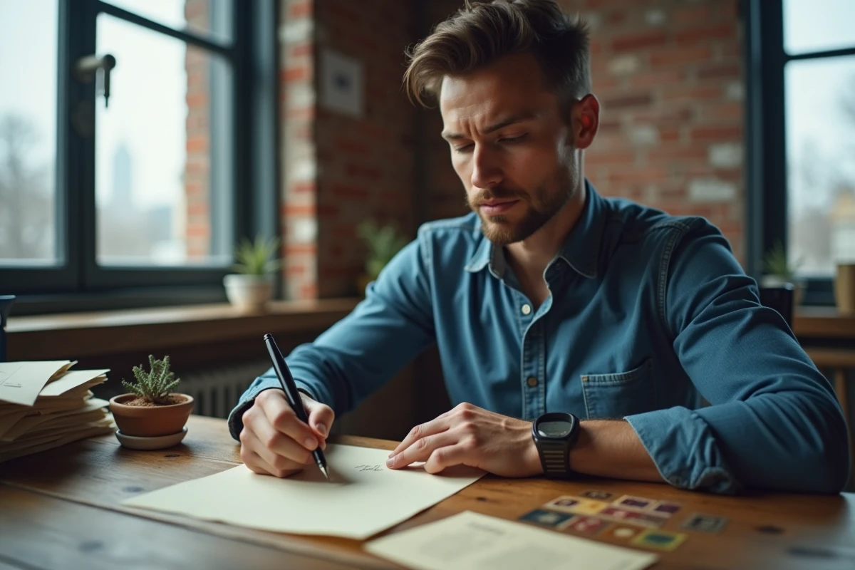 Homme écrivant une lettre d'amour manuscrite à la main pour la Saint-Valentin à distance, assis à un bureau en bois avec une plume