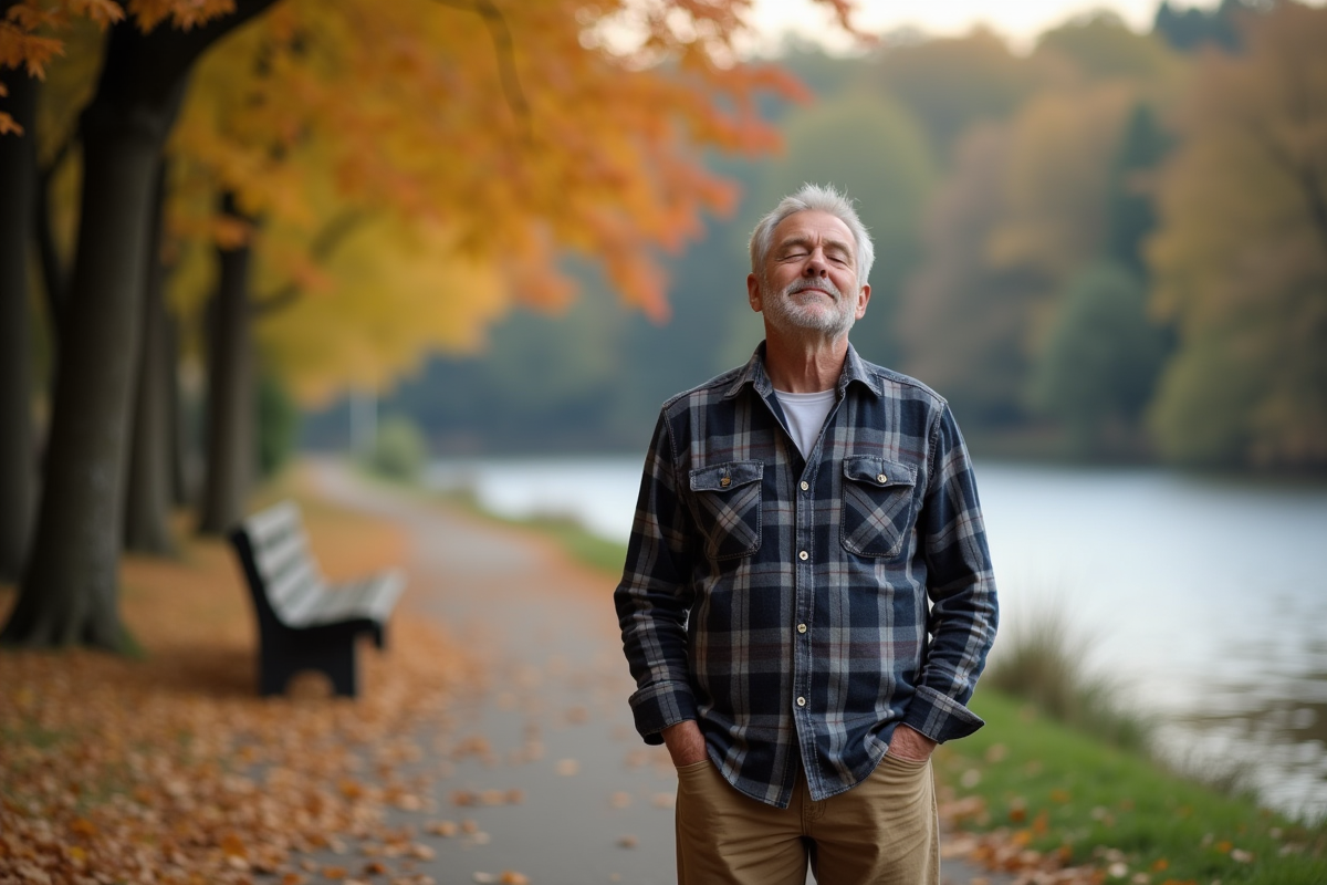 Homme méditant au bord de la rivière dans un parc automnal