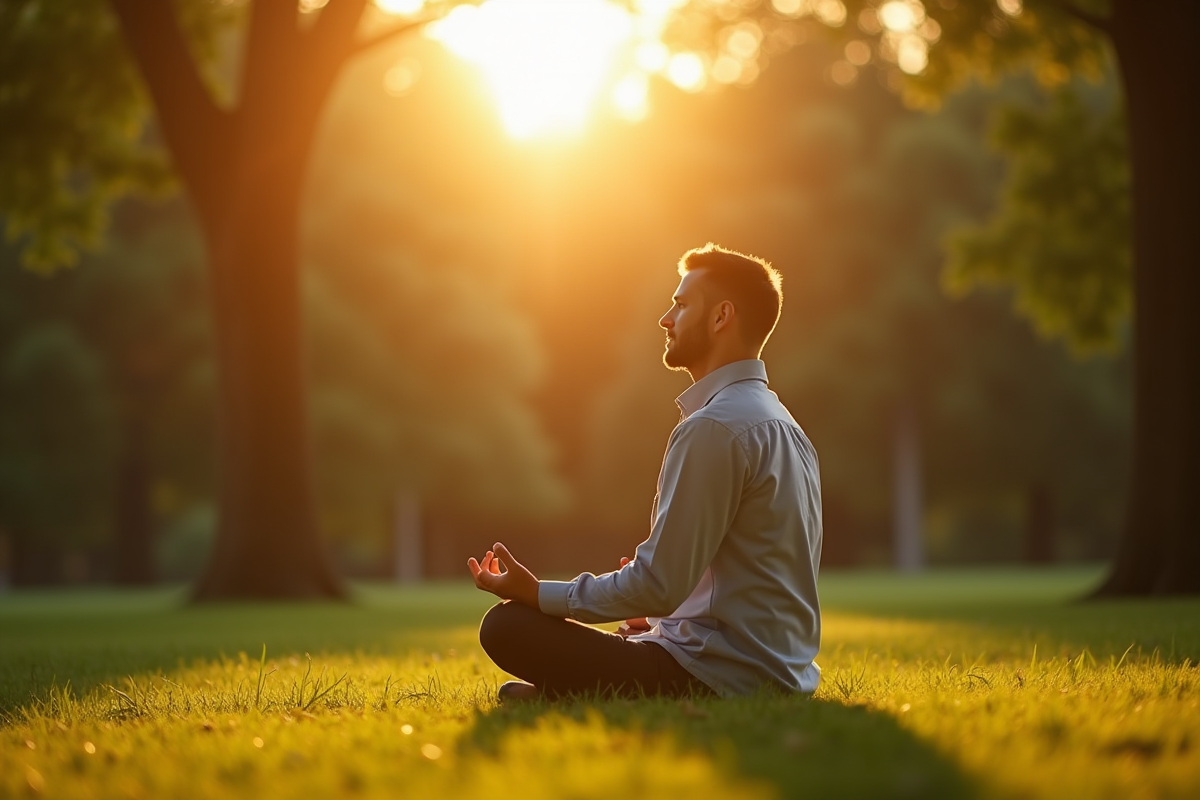 Homme méditant dans un parc au lever du soleil