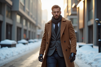 Homme élégant en costume d'hiver dans la ville enneigee