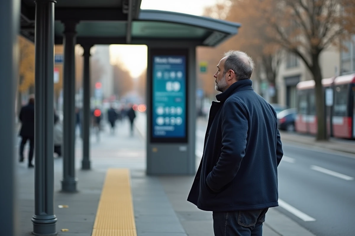 Homme perplexe devant un panneau d'information de tramway à Nantes en automne