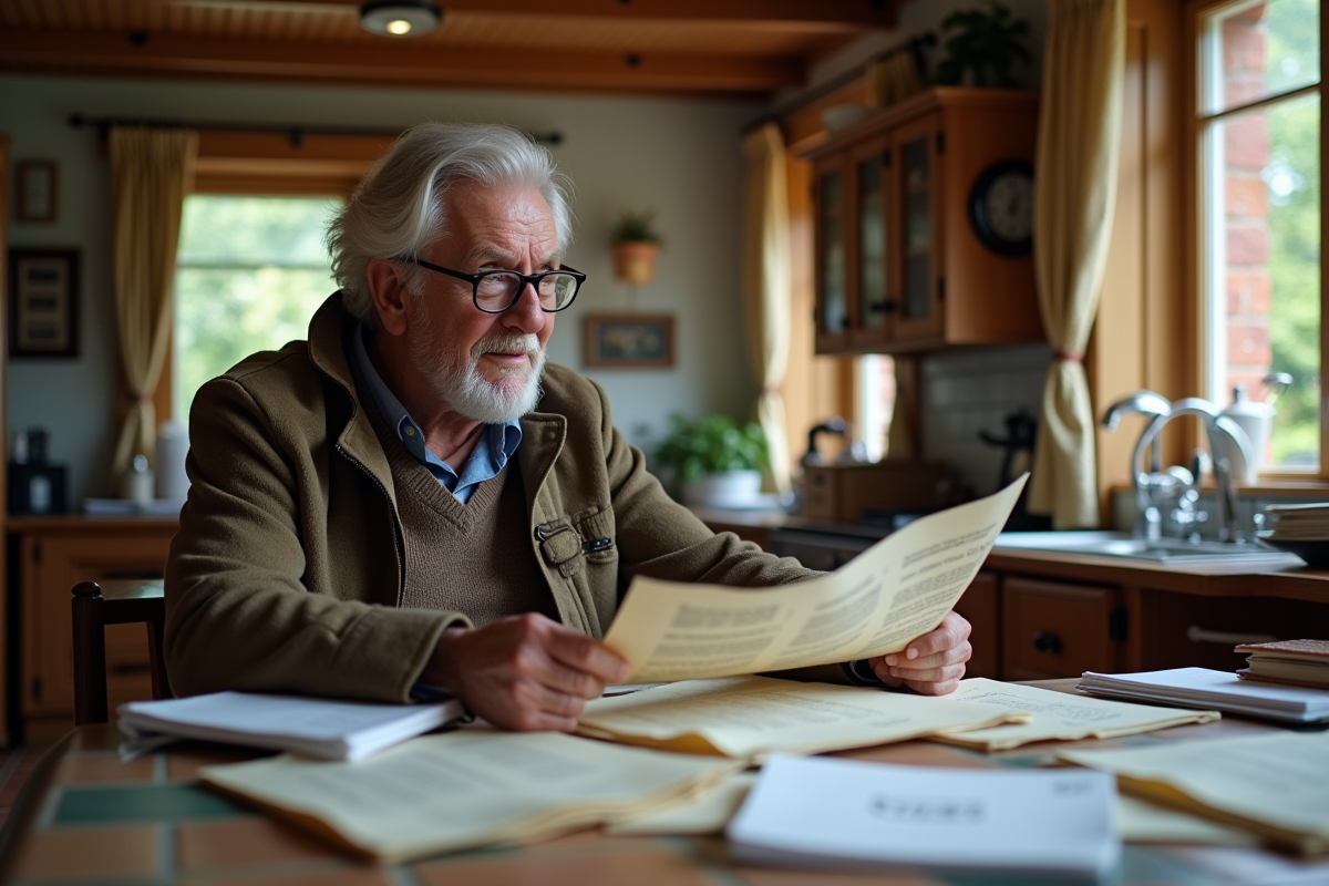 Homme âgé regardant un document fiscal dans sa cuisine