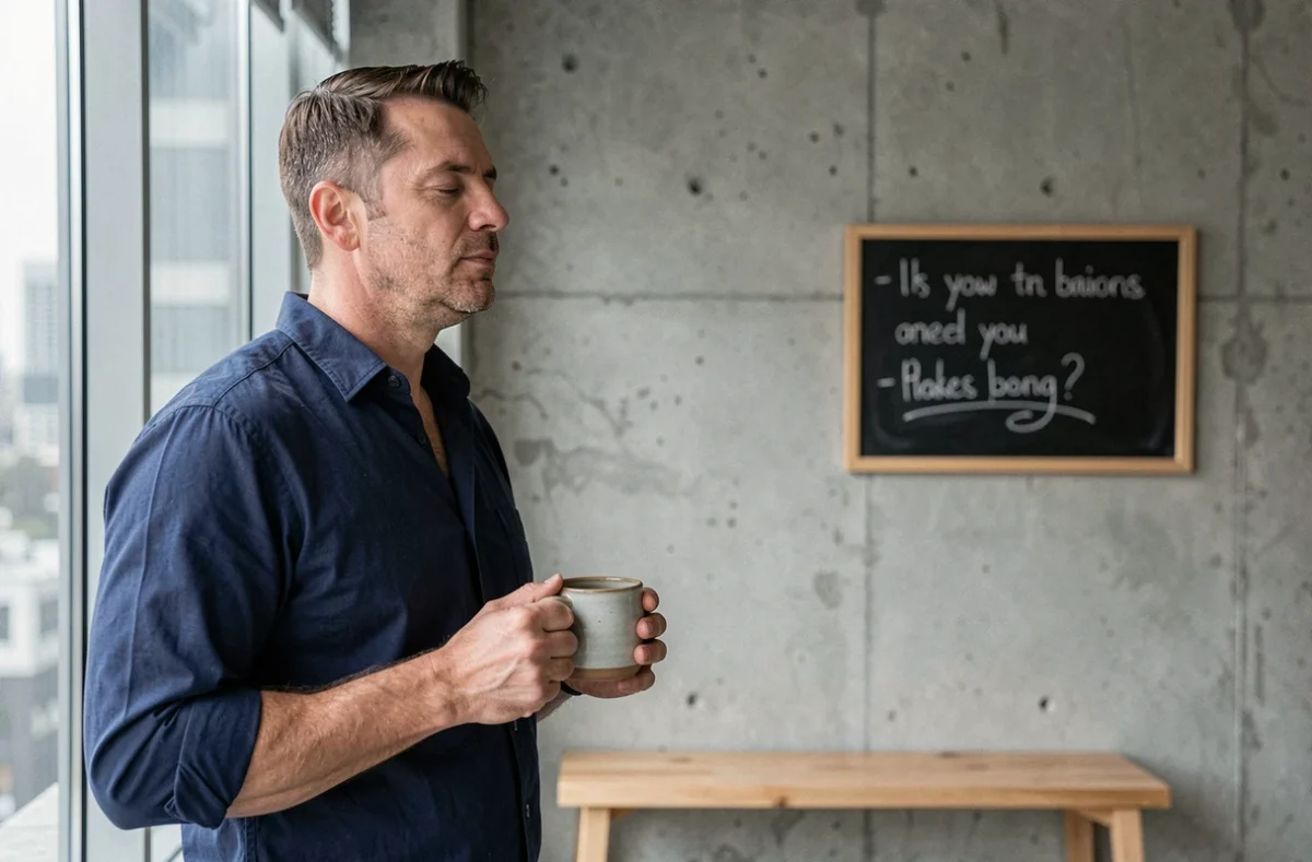 Homme en pause au bureau tenant un café, air serein devant une citation positive écrite à la craie dans une salle de repos