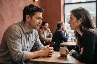 Un homme se confiant à une femme dans un café intime, signe possible d'amour et de vulnérabilité émotionnelle