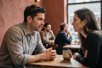 Un homme se confiant à une femme dans un café intime, signe possible d'amour et de vulnérabilité émotionnelle