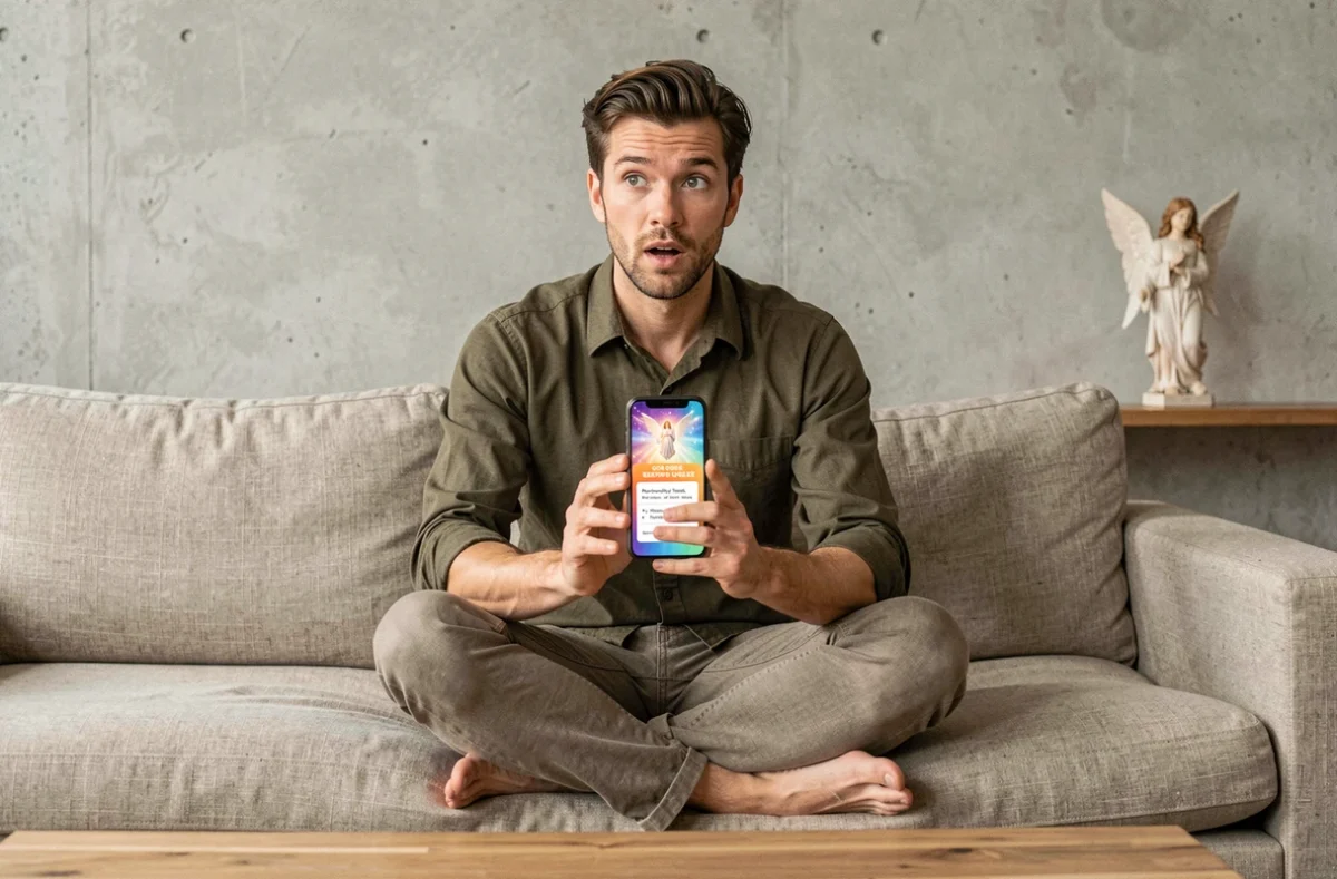 Homme consultant les résultats d'un quiz sur les archanges et la personnalité sur son smartphone