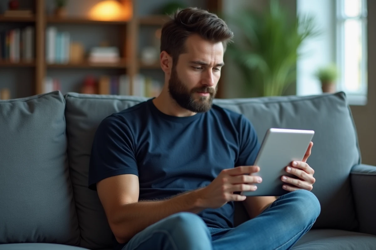Homme comparant des sites de dés gratuits Monopoly GO sur tablette dans un salon moderne
