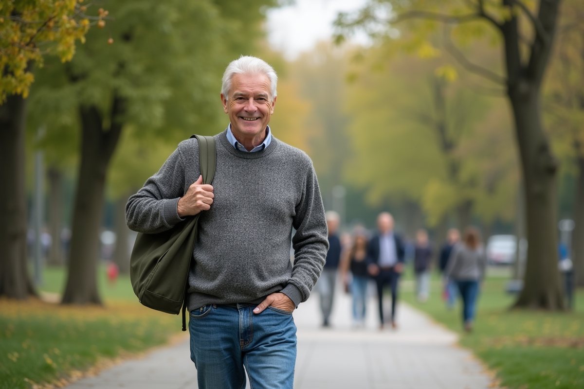 Homme transgenre souriant dans un parc urbain animé