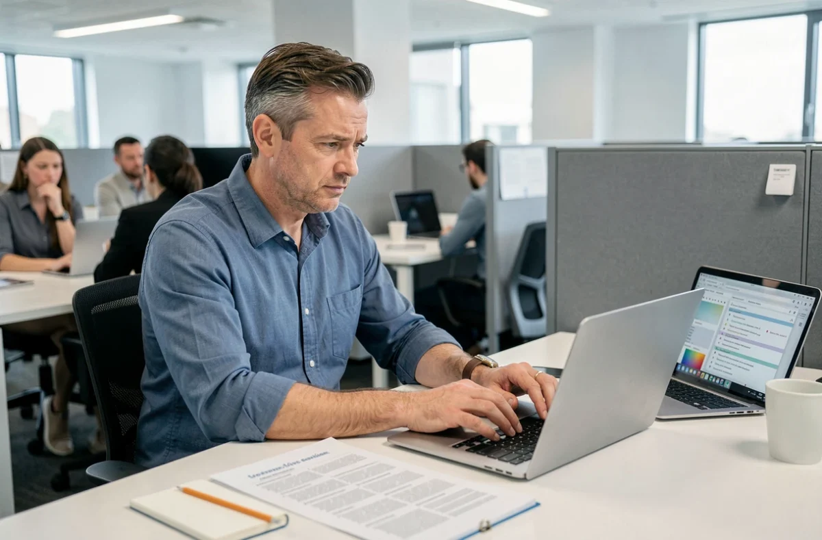 Homme en chemise bleue consultant un guide de grammaire française au bureau tout en tapant sur son ordinateur portable