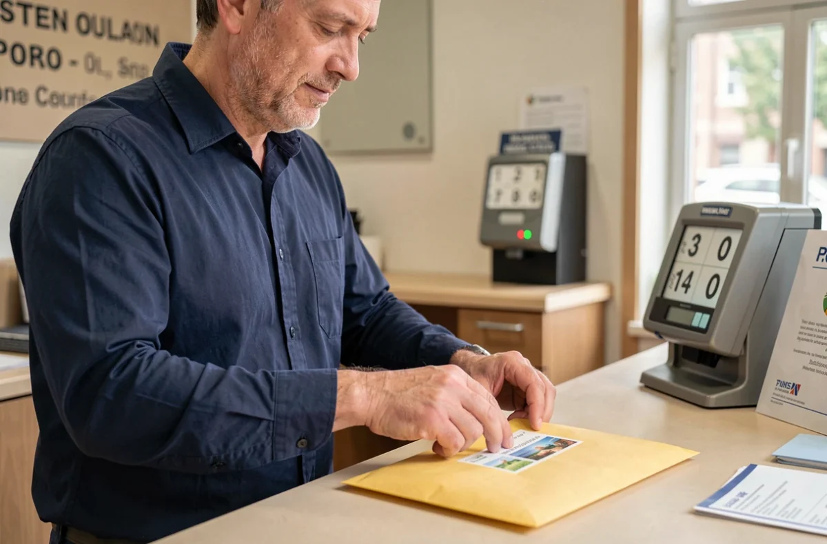 Homme apposant une vignette d'affranchissement en ligne sur un colis au guichet de la poste