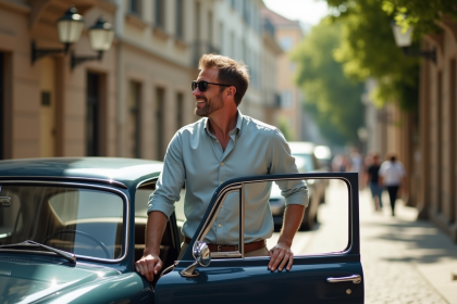 Homme souriant près d'une voiture vintage sur une rue pavée