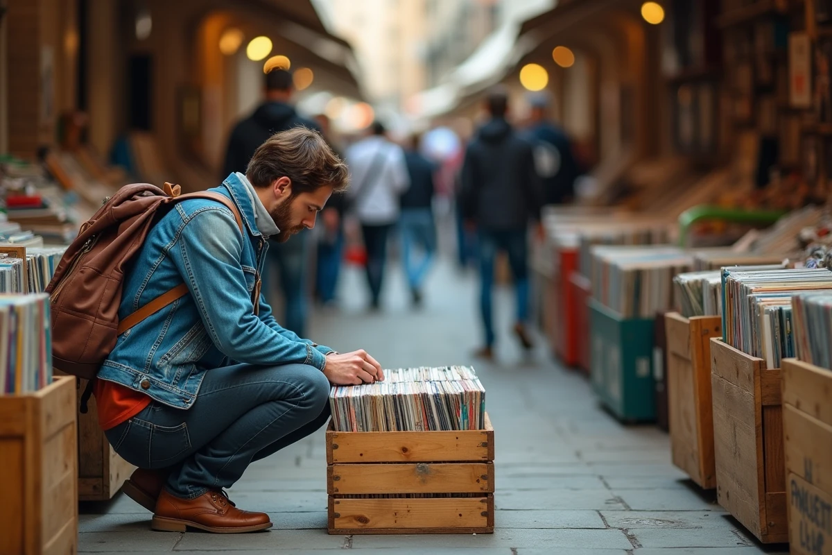 Homme fouillant des disques vinyles vintage dans une allée de marché aux puces lors d'un vide grenier dominical